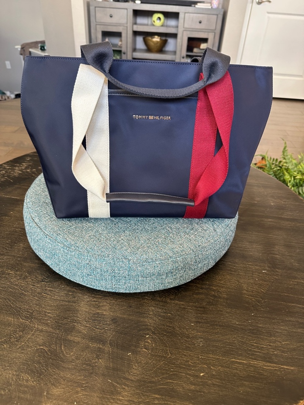 Tommy Hilfiger Navy Tote with Red and Cream Webbing Straps